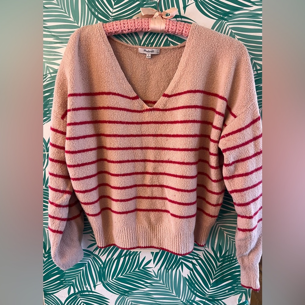 Madewell stripe v-neck wedge sweater pale blush stripe sz M Guc